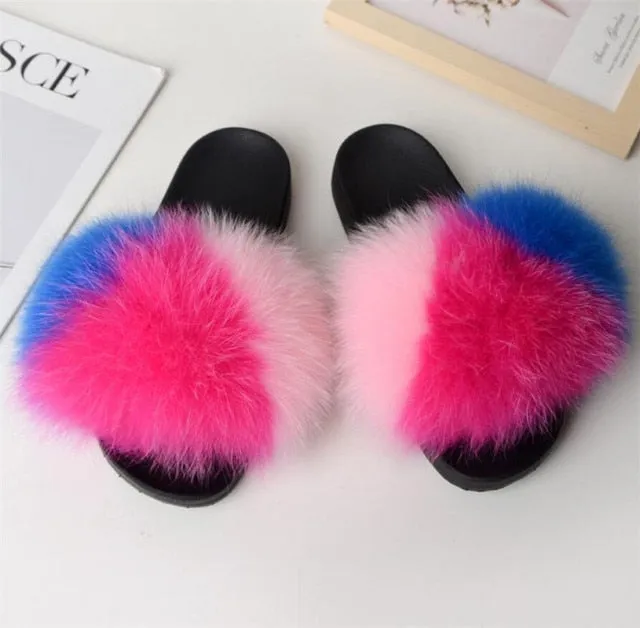 Yeknu Hot Sale Summer Women Fox Fur Slippers Furry Slippers Designer Fur Slides Girls Black Fur Slides Gorgeous Big Fur Slides Sandal