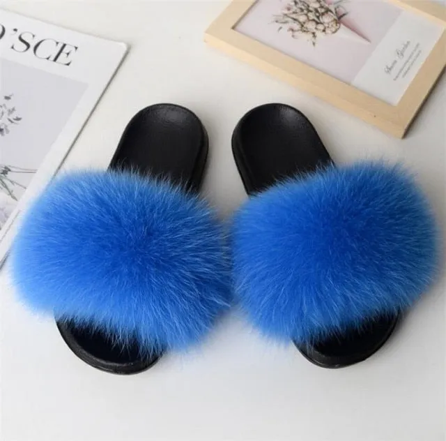 Yeknu Hot Sale Summer Women Fox Fur Slippers Furry Slippers Designer Fur Slides Girls Black Fur Slides Gorgeous Big Fur Slides Sandal