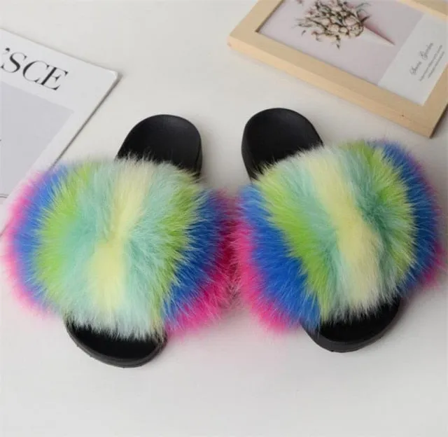 Yeknu Hot Sale Summer Women Fox Fur Slippers Furry Slippers Designer Fur Slides Girls Black Fur Slides Gorgeous Big Fur Slides Sandal