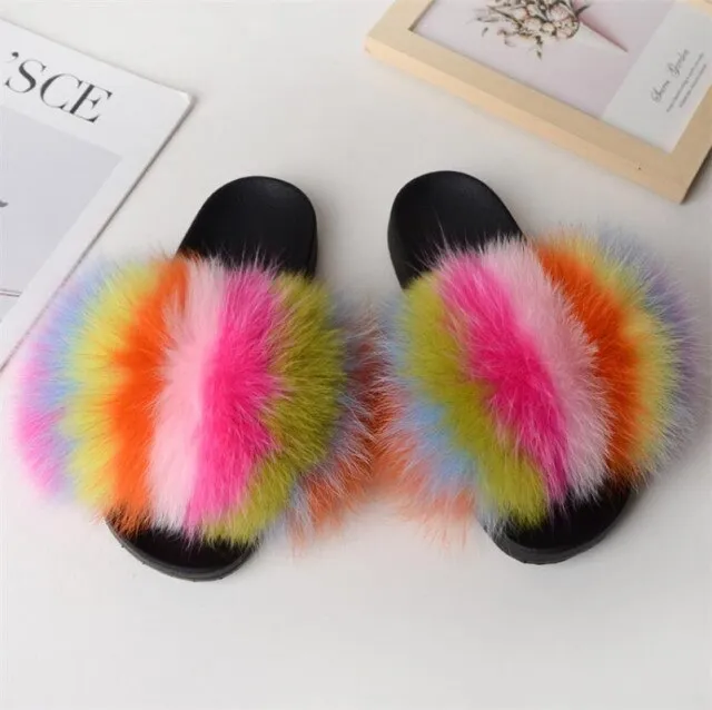 Yeknu Hot Sale Summer Women Fox Fur Slippers Furry Slippers Designer Fur Slides Girls Black Fur Slides Gorgeous Big Fur Slides Sandal