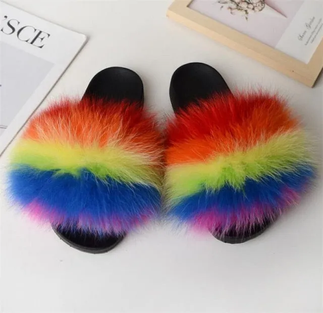 Yeknu Hot Sale Summer Women Fox Fur Slippers Furry Slippers Designer Fur Slides Girls Black Fur Slides Gorgeous Big Fur Slides Sandal