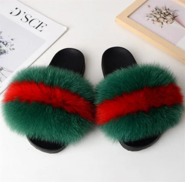 Yeknu Hot Sale Summer Women Fox Fur Slippers Furry Slippers Designer Fur Slides Girls Black Fur Slides Gorgeous Big Fur Slides Sandal