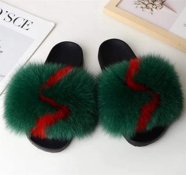 Yeknu Hot Sale Summer Women Fox Fur Slippers Furry Slippers Designer Fur Slides Girls Black Fur Slides Gorgeous Big Fur Slides Sandal