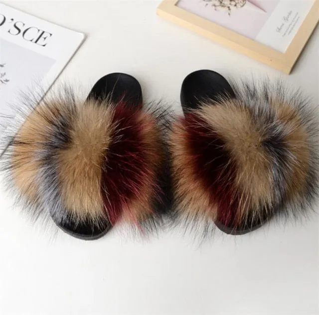 Yeknu Hot Sale Summer Women Fox Fur Slippers Furry Slippers Designer Fur Slides Girls Black Fur Slides Gorgeous Big Fur Slides Sandal