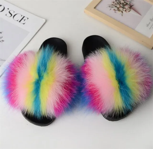 Yeknu Hot Sale Summer Women Fox Fur Slippers Furry Slippers Designer Fur Slides Girls Black Fur Slides Gorgeous Big Fur Slides Sandal