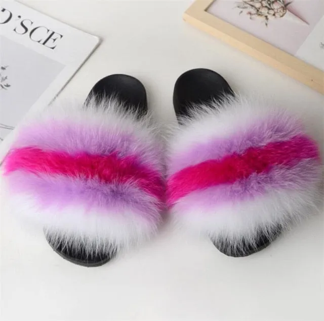 Yeknu Hot Sale Summer Women Fox Fur Slippers Furry Slippers Designer Fur Slides Girls Black Fur Slides Gorgeous Big Fur Slides Sandal