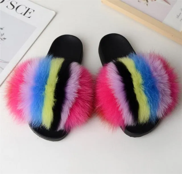 Yeknu Hot Sale Summer Women Fox Fur Slippers Furry Slippers Designer Fur Slides Girls Black Fur Slides Gorgeous Big Fur Slides Sandal
