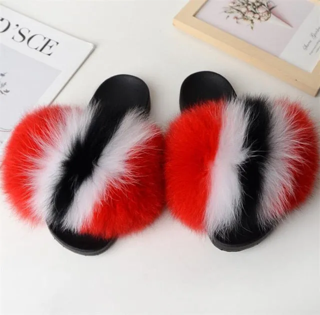 Yeknu Hot Sale Summer Women Fox Fur Slippers Furry Slippers Designer Fur Slides Girls Black Fur Slides Gorgeous Big Fur Slides Sandal