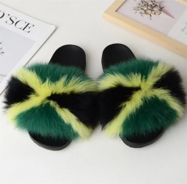 Yeknu Hot Sale Summer Women Fox Fur Slippers Furry Slippers Designer Fur Slides Girls Black Fur Slides Gorgeous Big Fur Slides Sandal
