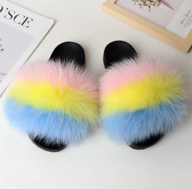 Yeknu Hot Sale Summer Women Fox Fur Slippers Furry Slippers Designer Fur Slides Girls Black Fur Slides Gorgeous Big Fur Slides Sandal