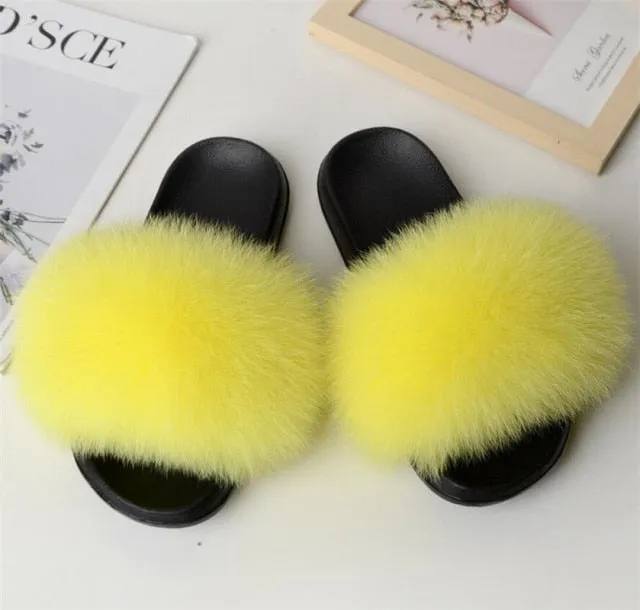 Yeknu Hot Sale Summer Women Fox Fur Slippers Furry Slippers Designer Fur Slides Girls Black Fur Slides Gorgeous Big Fur Slides Sandal