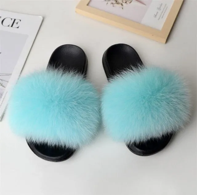 Yeknu Hot Sale Summer Women Fox Fur Slippers Furry Slippers Designer Fur Slides Girls Black Fur Slides Gorgeous Big Fur Slides Sandal