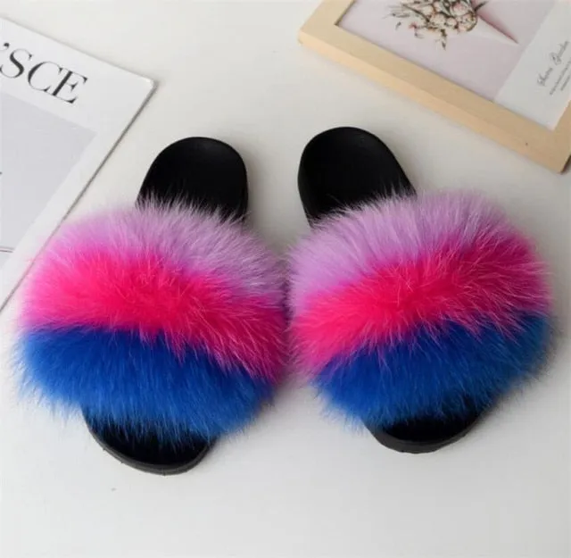 Yeknu Hot Sale Summer Women Fox Fur Slippers Furry Slippers Designer Fur Slides Girls Black Fur Slides Gorgeous Big Fur Slides Sandal