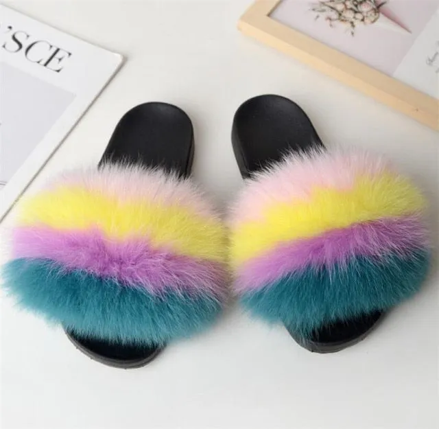 Yeknu Hot Sale Summer Women Fox Fur Slippers Furry Slippers Designer Fur Slides Girls Black Fur Slides Gorgeous Big Fur Slides Sandal