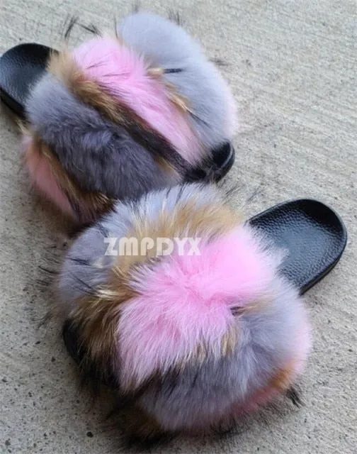 Yeknu Hot Sale Summer Women Fox Fur Slippers Furry Slippers Designer Fur Slides Girls Black Fur Slides Gorgeous Big Fur Slides Sandal