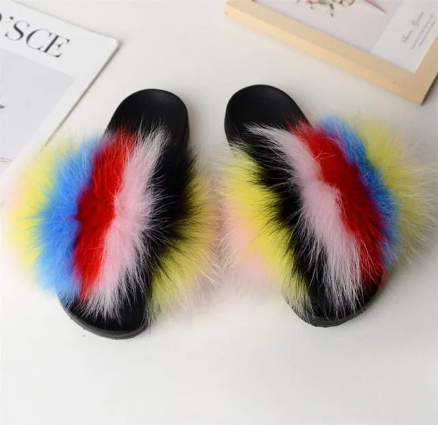 Yeknu Hot Sale Summer Women Fox Fur Slippers Furry Slippers Designer Fur Slides Girls Black Fur Slides Gorgeous Big Fur Slides Sandal